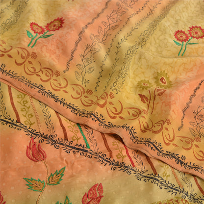 Sanskriti Vintage Sarees Green/Pink Pure Crepe Silk Print Sari 5yd Craft Sustainable Fabric