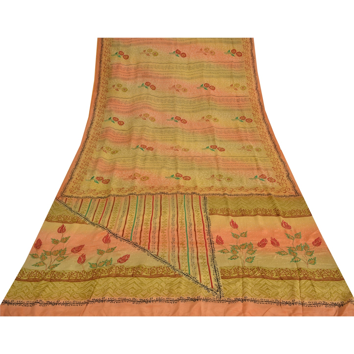 Sanskriti Vintage Sarees Green/Pink Pure Crepe Silk Print Sari 5yd Craft Sustainable Fabric