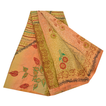 Sanskriti Vintage Sarees Green/Pink Pure Crepe Silk Print Sari 5yd Craft Sustainable Fabric