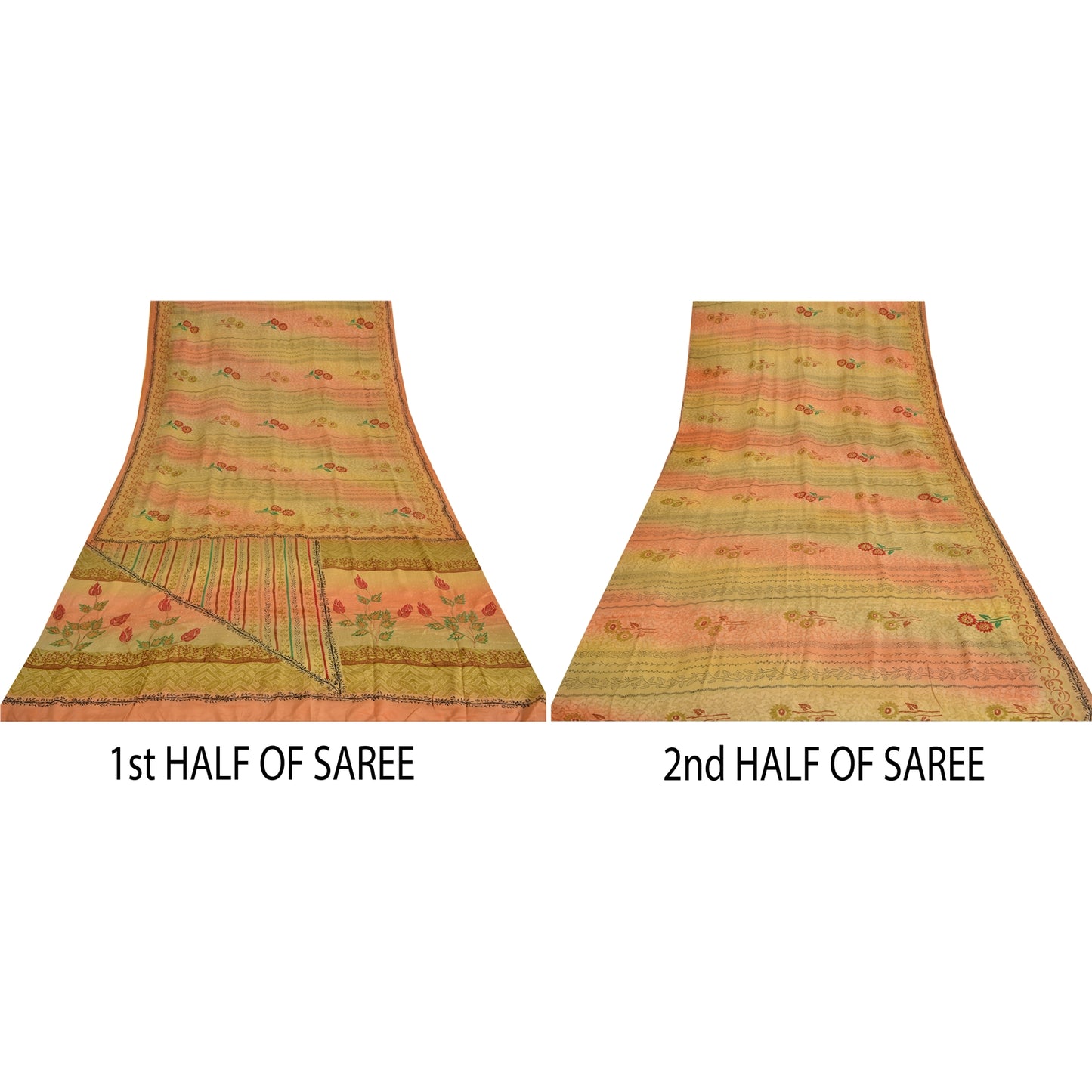 Sanskriti Vintage Sarees Green/Pink Pure Crepe Silk Print Sari 5yd Craft Sustainable Fabric