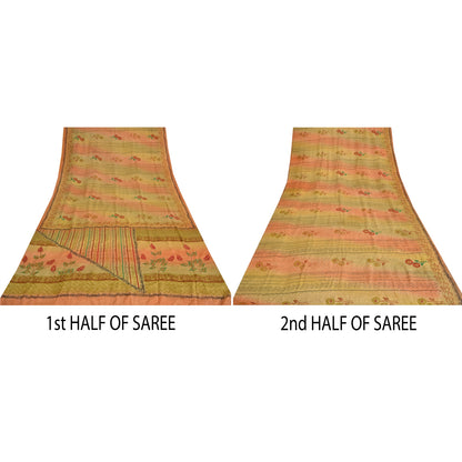 Sanskriti Vintage Sarees Green/Pink Pure Crepe Silk Print Sari 5yd Craft Sustainable Fabric