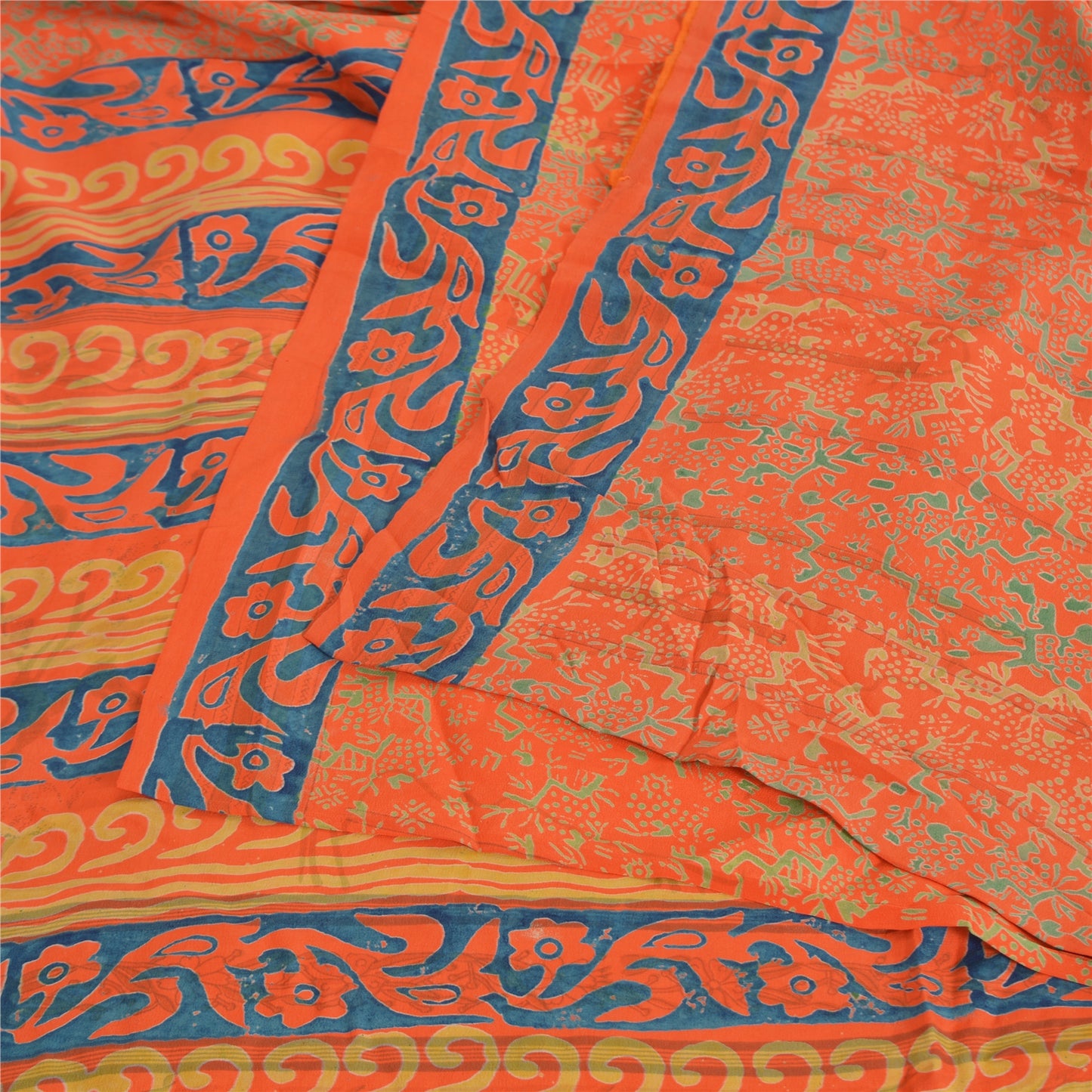 Sanskriti Vintage Sarees Orange/Blue Pure Crepe Printed Sari 5yd Craft Sustainable Fabric