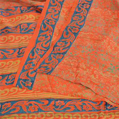 Sanskriti Vintage Sarees Orange/Blue Pure Crepe Printed Sari 5yd Craft Sustainable Fabric