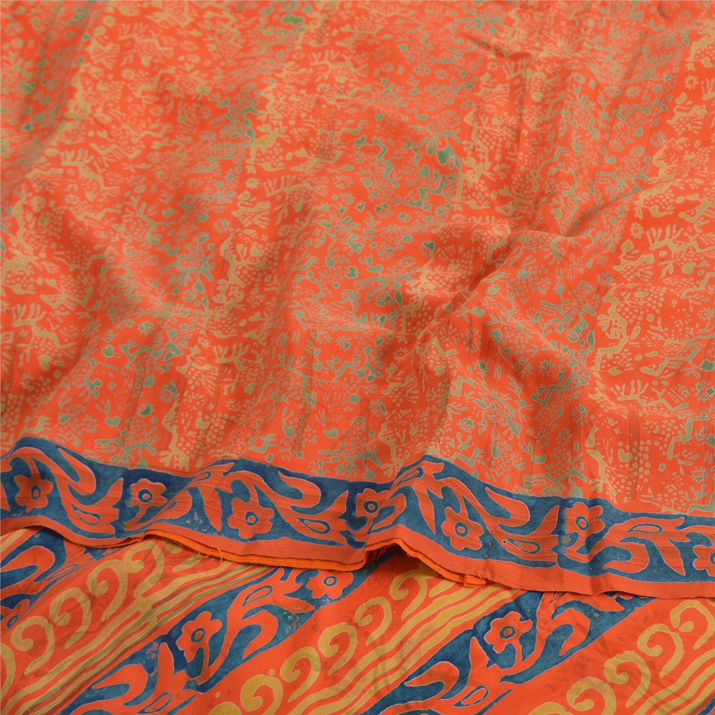 Sanskriti Vintage Sarees Orange/Blue Pure Crepe Printed Sari 5yd Craft Sustainable Fabric