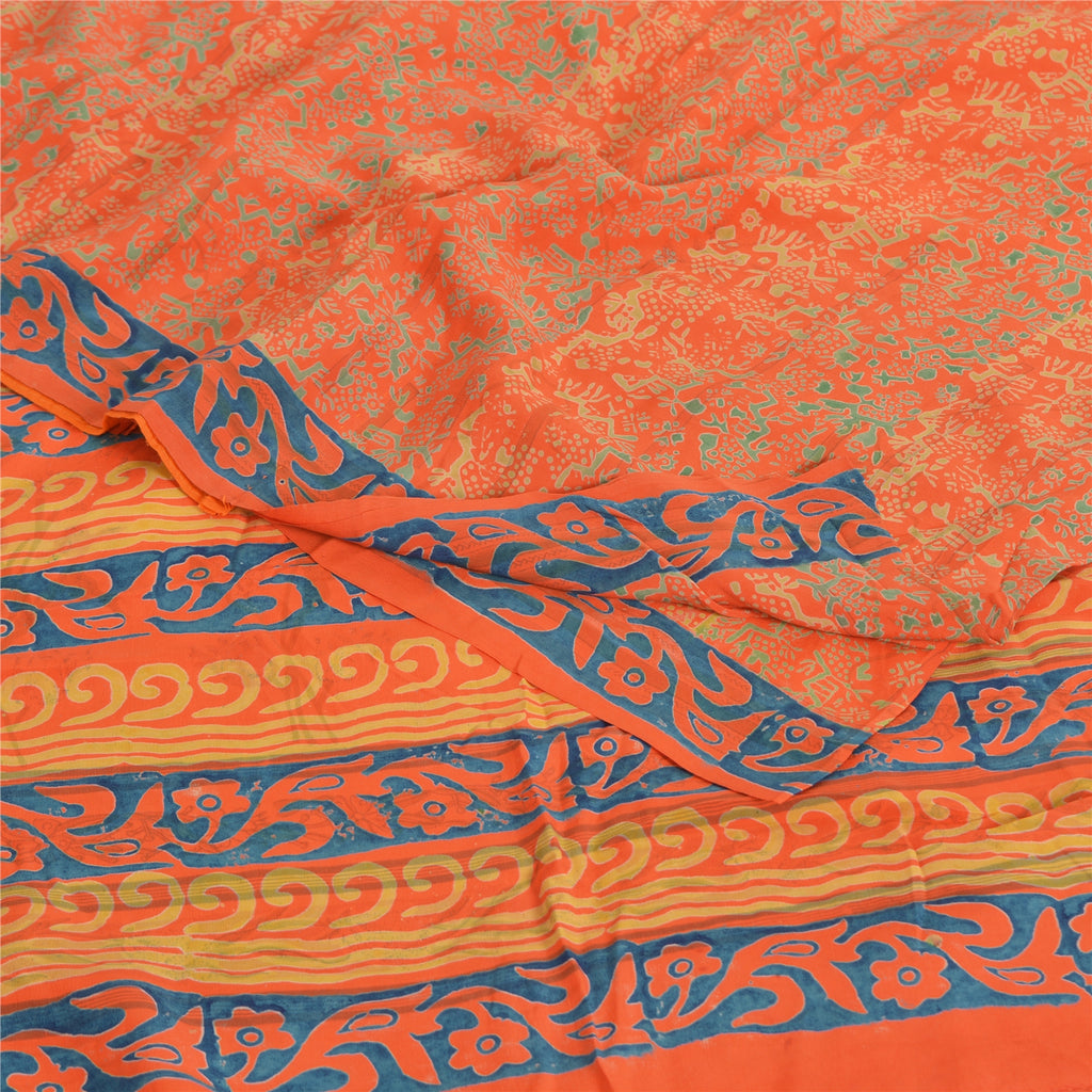 Sanskriti Vintage Sarees Orange/Blue Pure Crepe Printed Sari 5yd Craft Sustainable Fabric