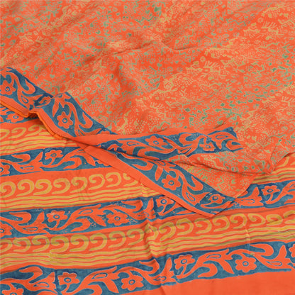 Sanskriti Vintage Sarees Orange/Blue Pure Crepe Printed Sari 5yd Craft Sustainable Fabric