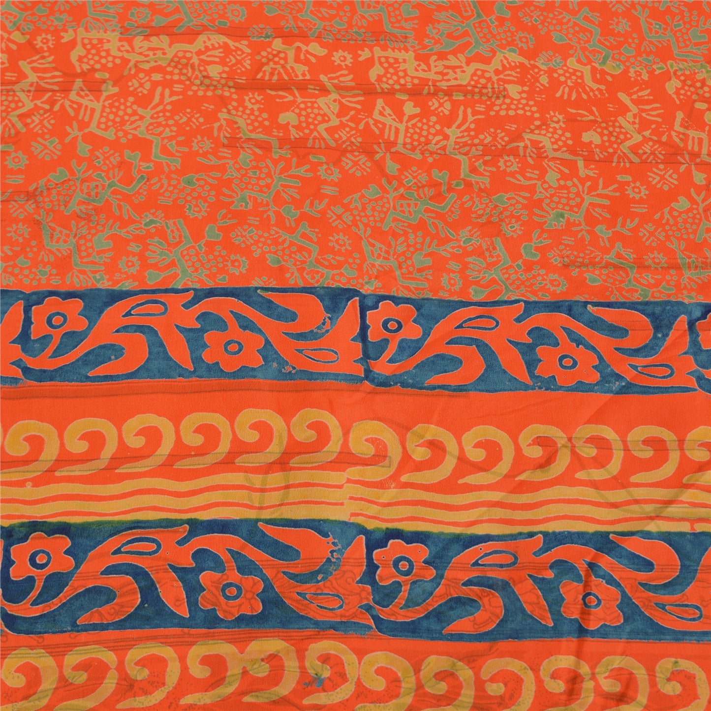 Sanskriti Vintage Sarees Orange/Blue Pure Crepe Printed Sari 5yd Craft Sustainable Fabric