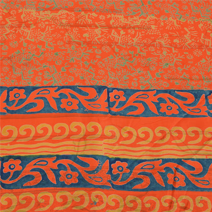 Sanskriti Vintage Sarees Orange/Blue Pure Crepe Printed Sari 5yd Craft Sustainable Fabric