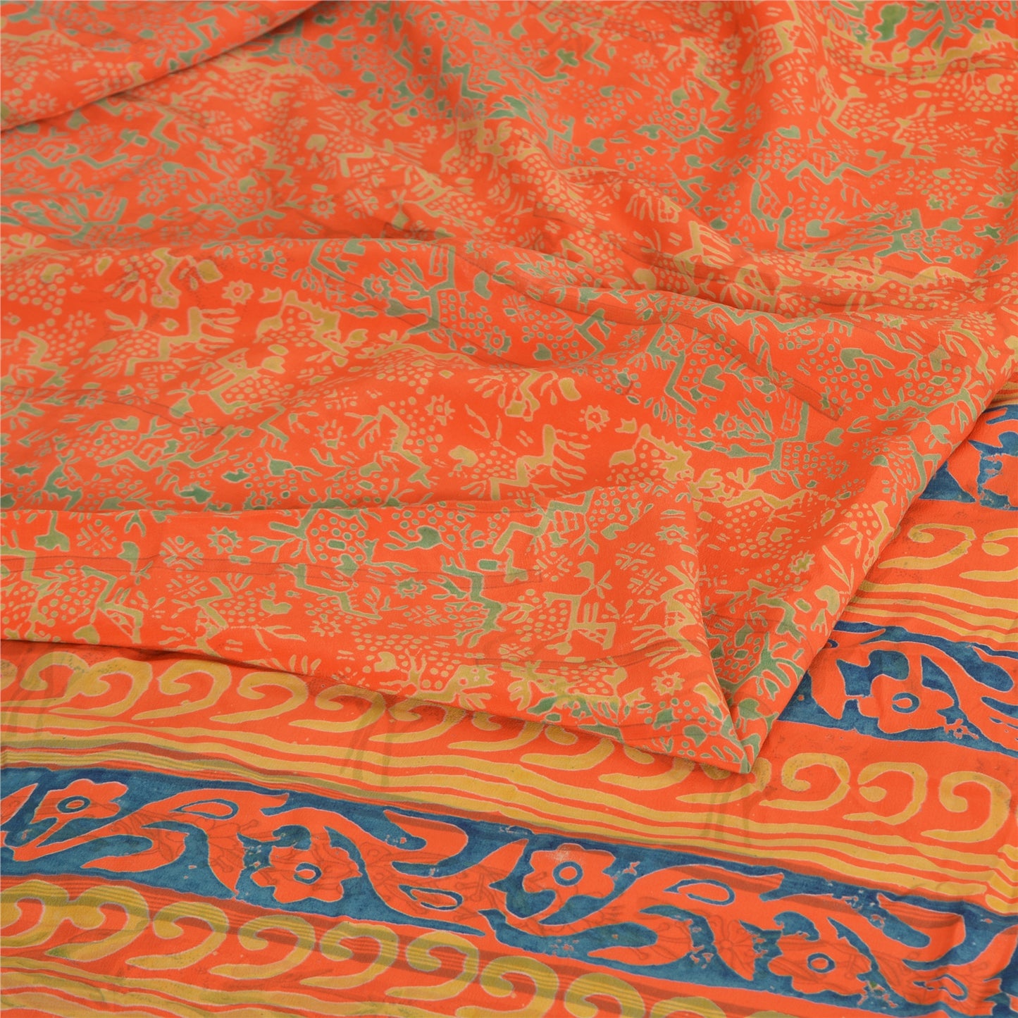Sanskriti Vintage Sarees Orange/Blue Pure Crepe Printed Sari 5yd Craft Sustainable Fabric