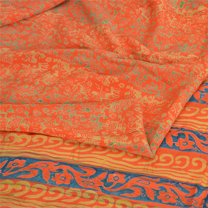 Sanskriti Vintage Sarees Orange/Blue Pure Crepe Printed Sari 5yd Craft Sustainable Fabric