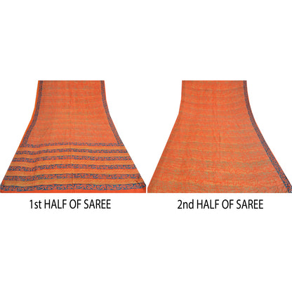Sanskriti Vintage Sarees Orange/Blue Pure Crepe Printed Sari 5yd Craft Sustainable Fabric