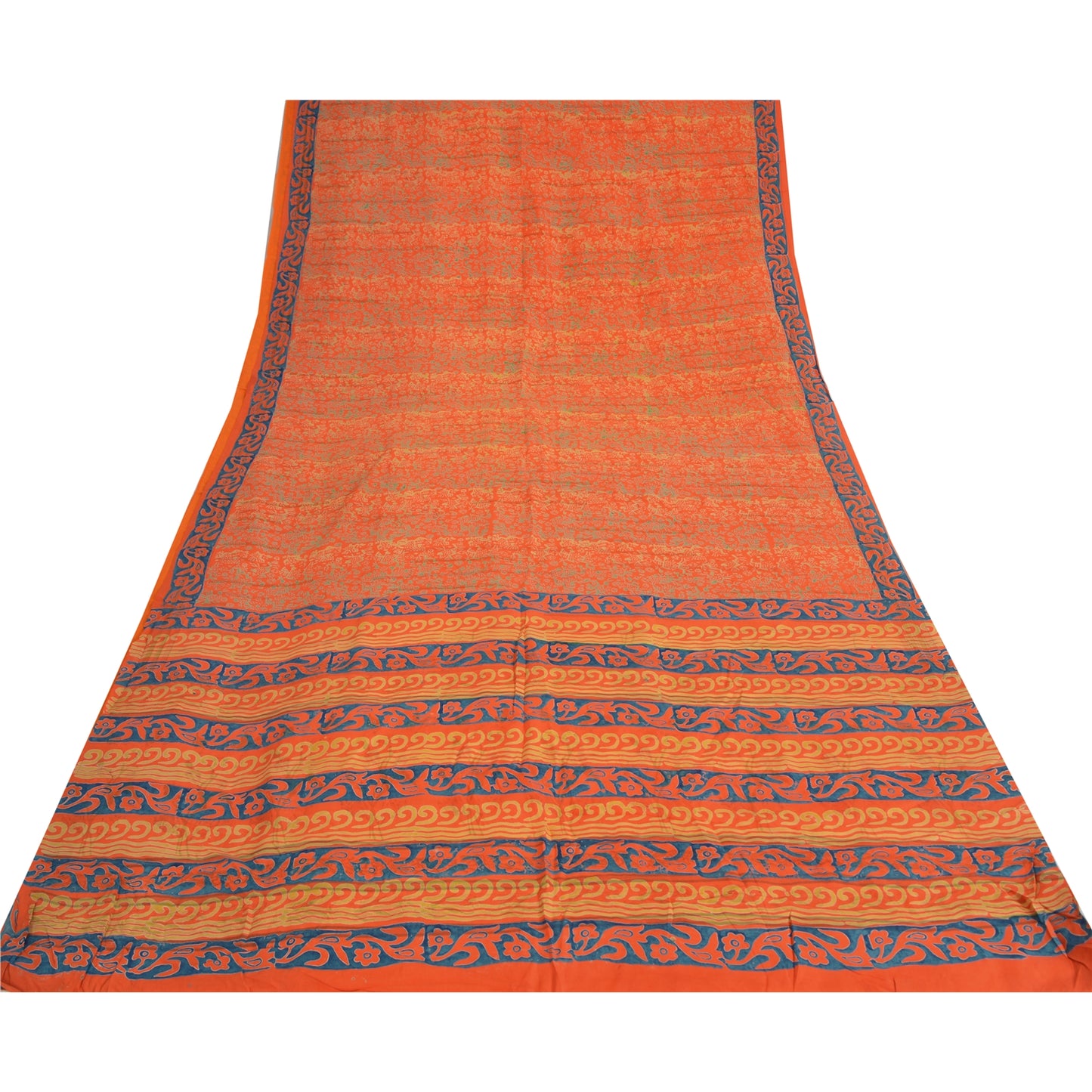 Sanskriti Vintage Sarees Orange/Blue Pure Crepe Printed Sari 5yd Craft Sustainable Fabric