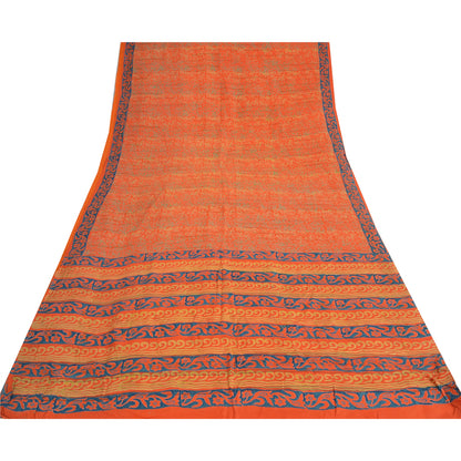 Sanskriti Vintage Sarees Orange/Blue Pure Crepe Printed Sari 5yd Craft Sustainable Fabric