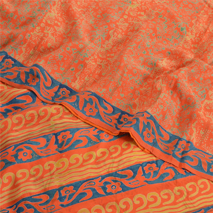 Sanskriti Vintage Sarees Orange/Blue Pure Crepe Printed Sari 5yd Craft Sustainable Fabric