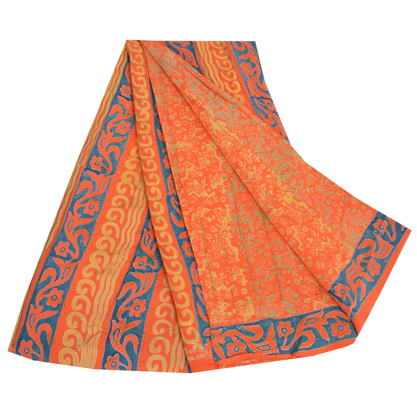 Sanskriti Vintage Sarees Orange/Blue Pure Crepe Printed Sari 5yd Craft Sustainable Fabric