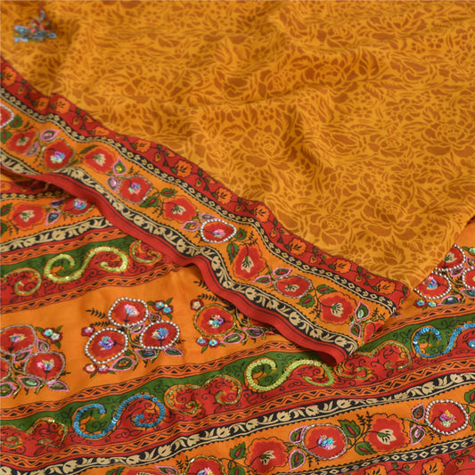 Sanskriti Vintage Sarees Yellow Pure Crepe Print Hand Bead Sari 5yd Craft Sustainable Fabric