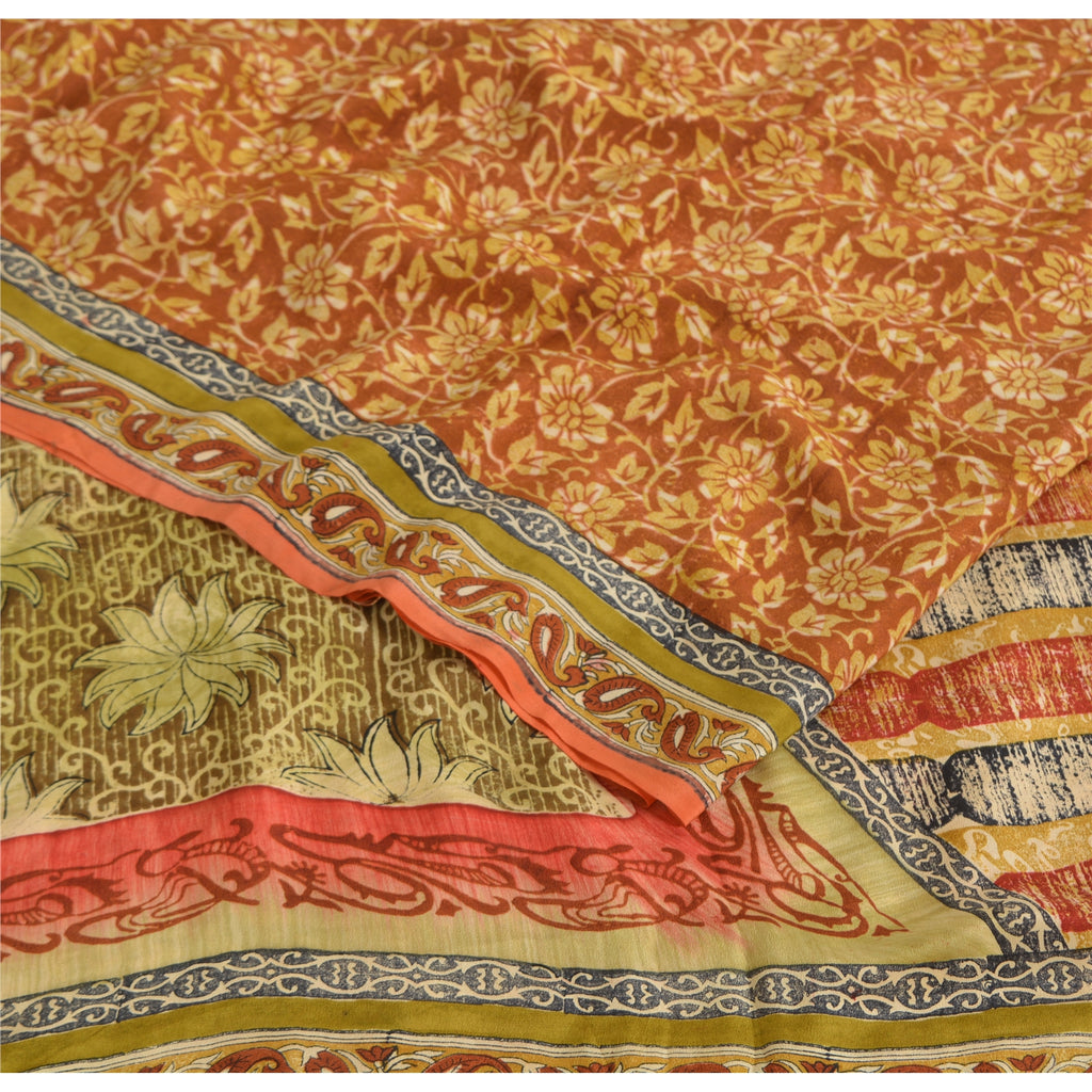 Сари Sanskriti Vintage, оранжевый, чистый крепированный шелк, напечатанное сари, 5 ярдов, ремесленная устойчивая ткань