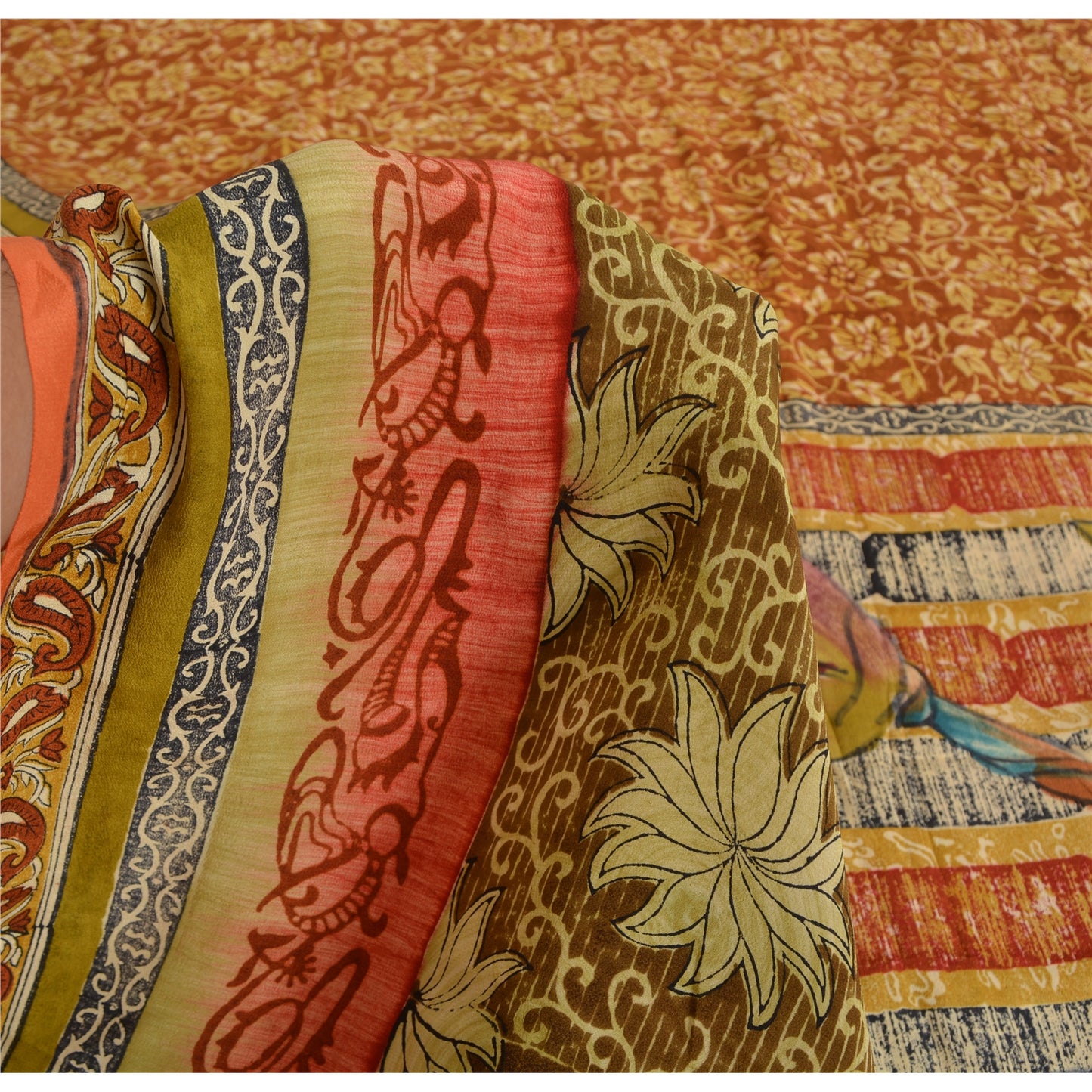 Сари Sanskriti Vintage, оранжевый, чистый крепированный шелк, напечатанное сари, 5 ярдов, ремесленная устойчивая ткань