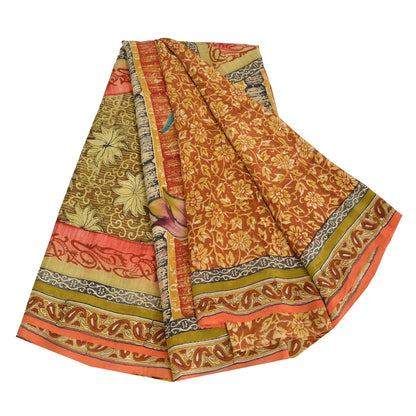 Сари Sanskriti Vintage, оранжевый, чистый крепированный шелк, напечатанное сари, 5 ярдов, ремесленная устойчивая ткань