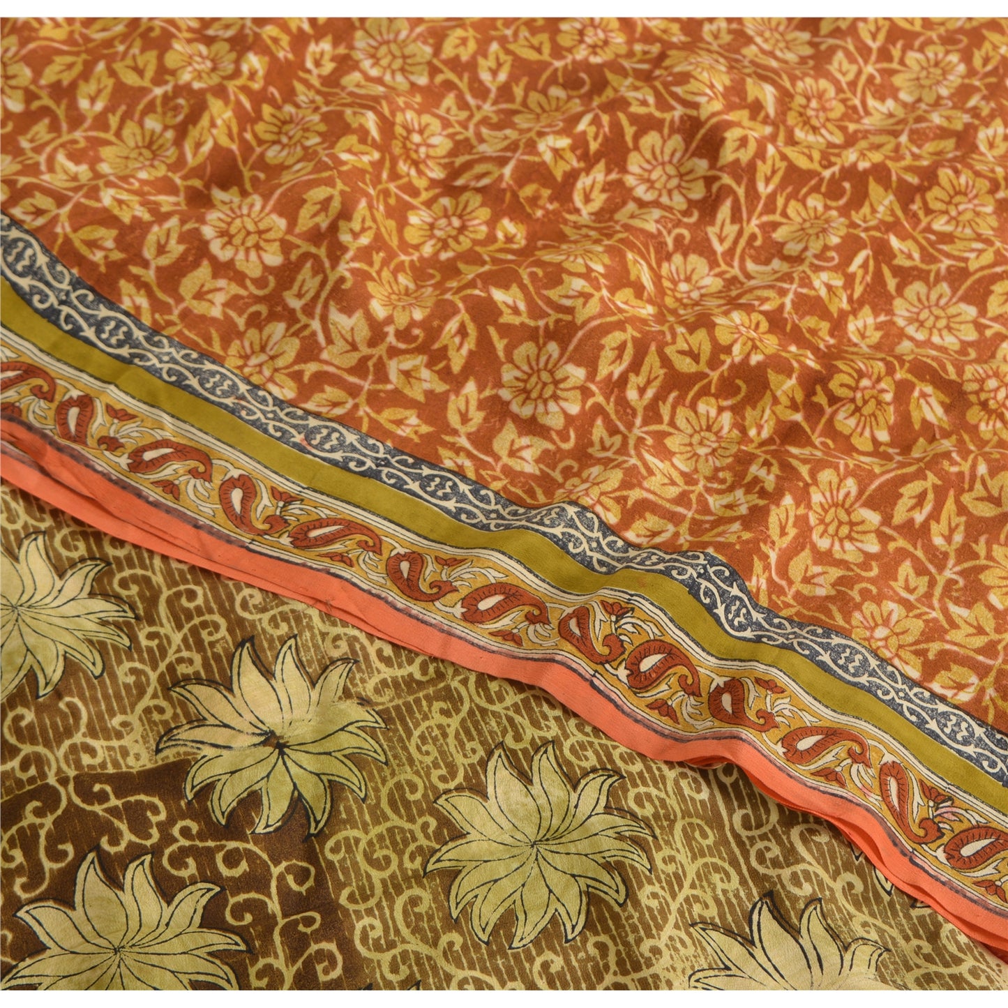 Сари Sanskriti Vintage, оранжевый, чистый крепированный шелк, напечатанное сари, 5 ярдов, ремесленная устойчивая ткань