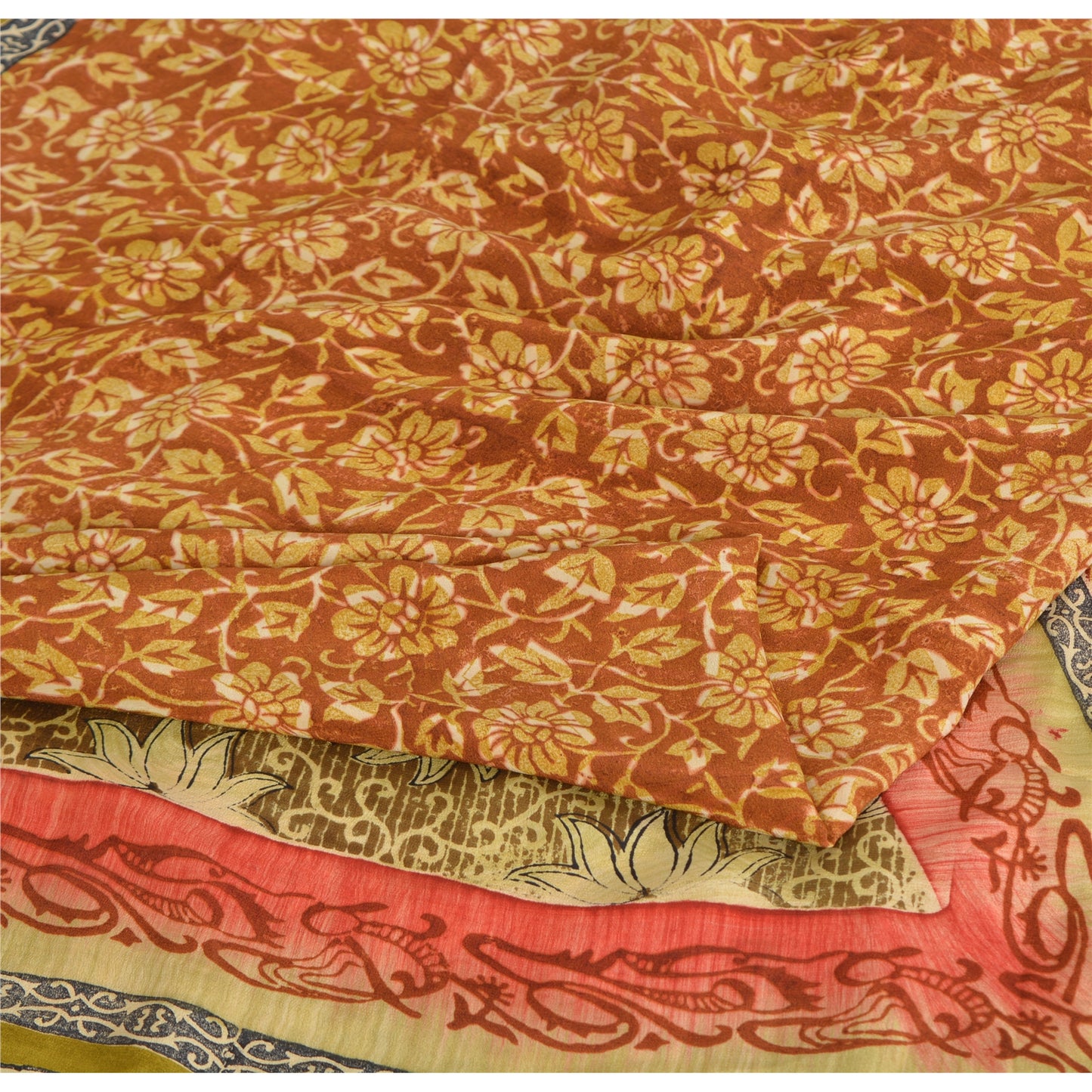 Сари Sanskriti Vintage, оранжевый, чистый крепированный шелк, напечатанное сари, 5 ярдов, ремесленная устойчивая ткань