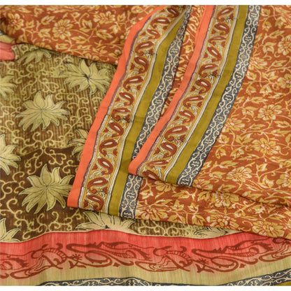 Сари Sanskriti Vintage, оранжевый, чистый крепированный шелк, напечатанное сари, 5 ярдов, ремесленная устойчивая ткань