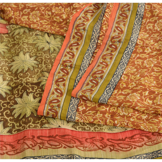 Sanskriti Vintage Sarees Orange Pure Crepe Silk Printed Sari 5yd Craft Sustainable Fabric