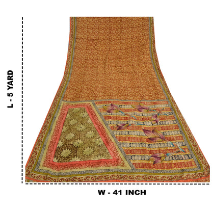 Сари Sanskriti Vintage, оранжевый, чистый крепированный шелк, напечатанное сари, 5 ярдов, ремесленная устойчивая ткань