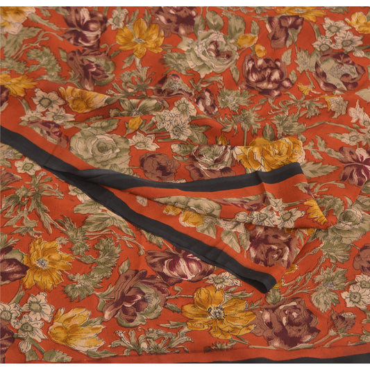 Sanskriti Vintage Sarees Rusty Orange Pure Crepe Printed Sari 5yd Craft Sustainable Fabric