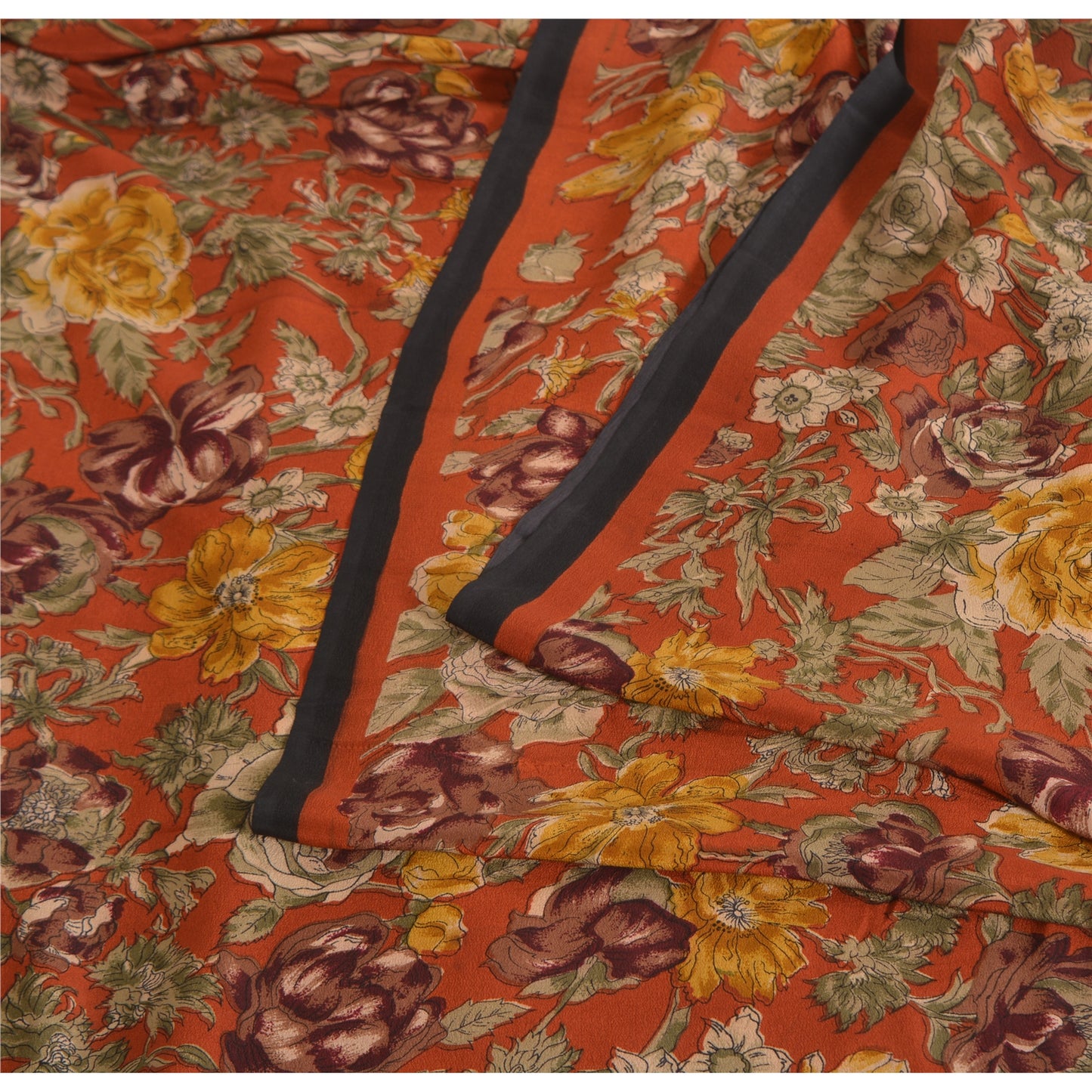 Sanskriti Vintage Sarees Rusty Orange Pure Crepe Printed Sari 5yd Craft Sustainable Fabric