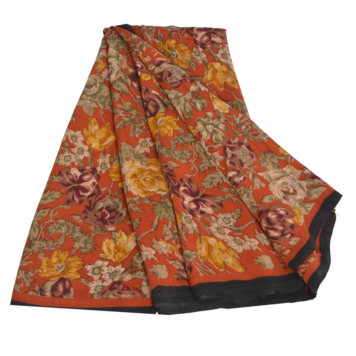 Sanskriti Vintage Sarees Rusty Orange Pure Crepe Printed Sari 5yd Craft Sustainable Fabric