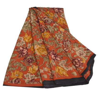 Sanskriti Vintage Sarees Rusty Orange Pure Crepe Printed Sari 5yd Craft Sustainable Fabric