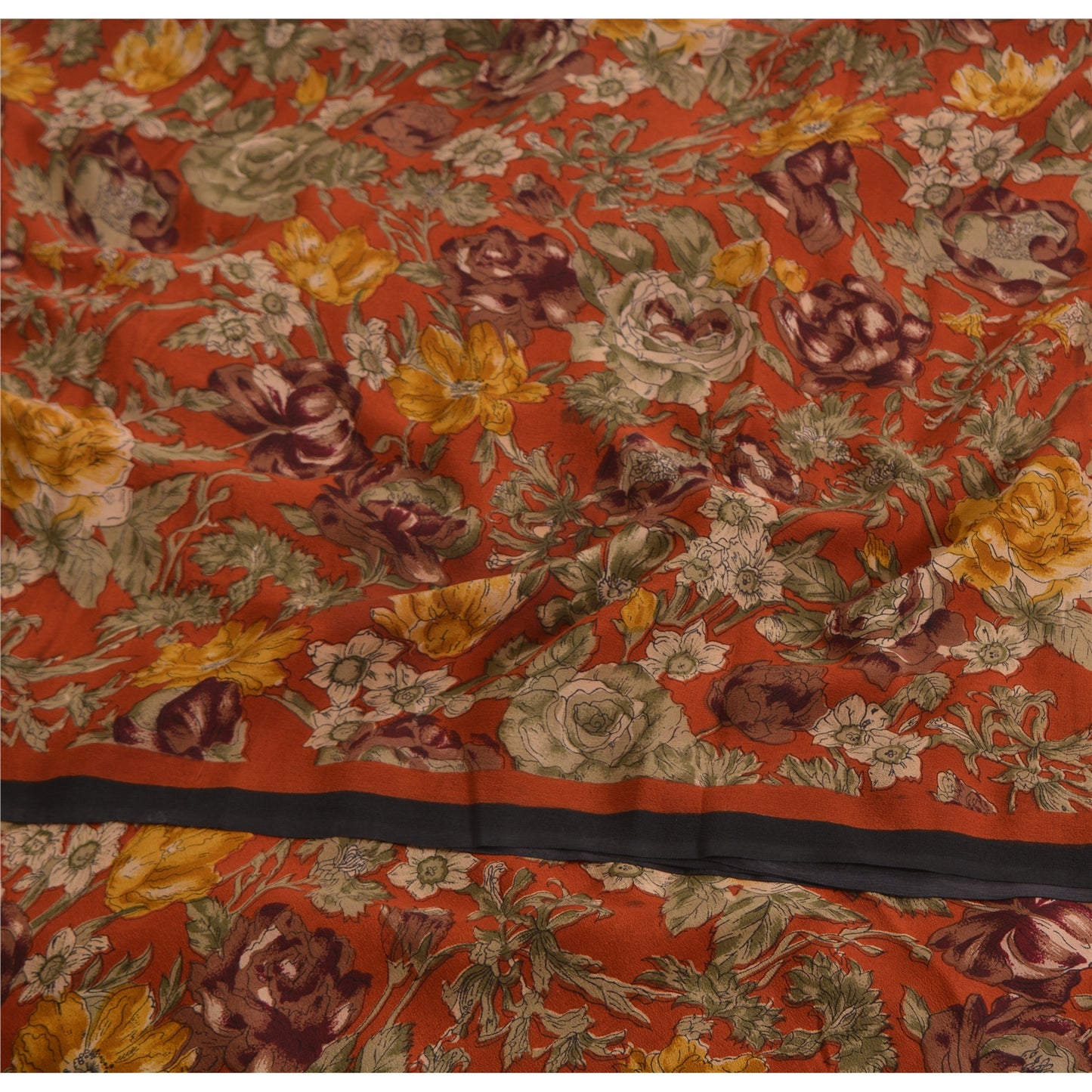 Sanskriti Vintage Sarees Rusty Orange Pure Crepe Printed Sari 5yd Craft Sustainable Fabric