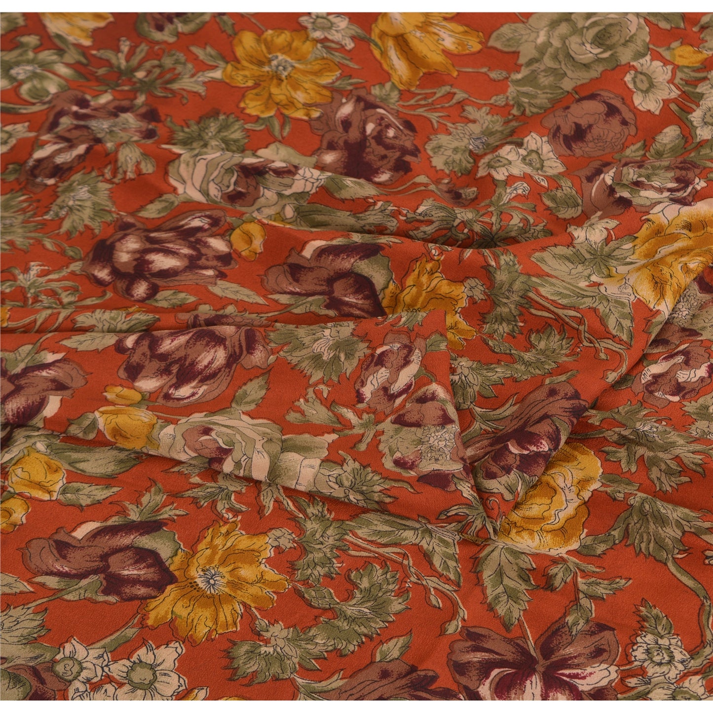 Sanskriti Vintage Sarees Rusty Orange Pure Crepe Printed Sari 5yd Craft Sustainable Fabric