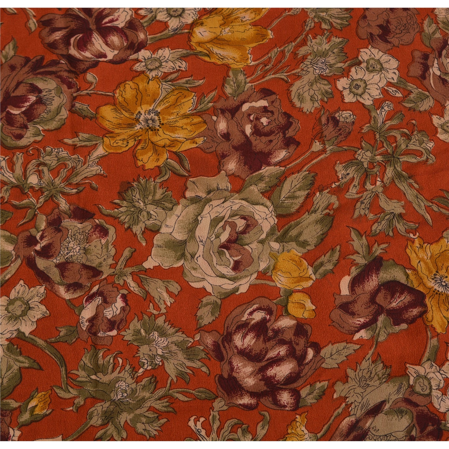 Sanskriti Vintage Sarees Rusty Orange Pure Crepe Printed Sari 5yd Craft Sustainable Fabric
