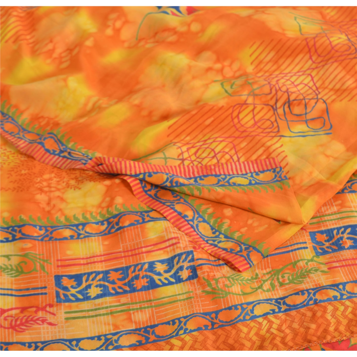 Sanskriti Vintage Sarees Orange Pure Crepe Silk Printed Sari 5yd Craft Sustainable Fabric