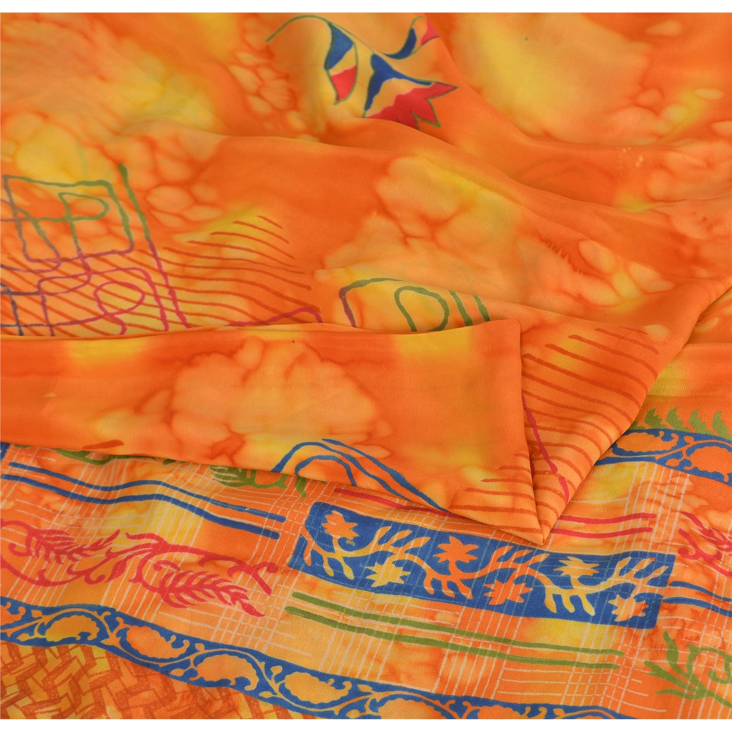 Sanskriti Vintage Sarees Orange Pure Crepe Silk Printed Sari 5yd Craft Sustainable Fabric