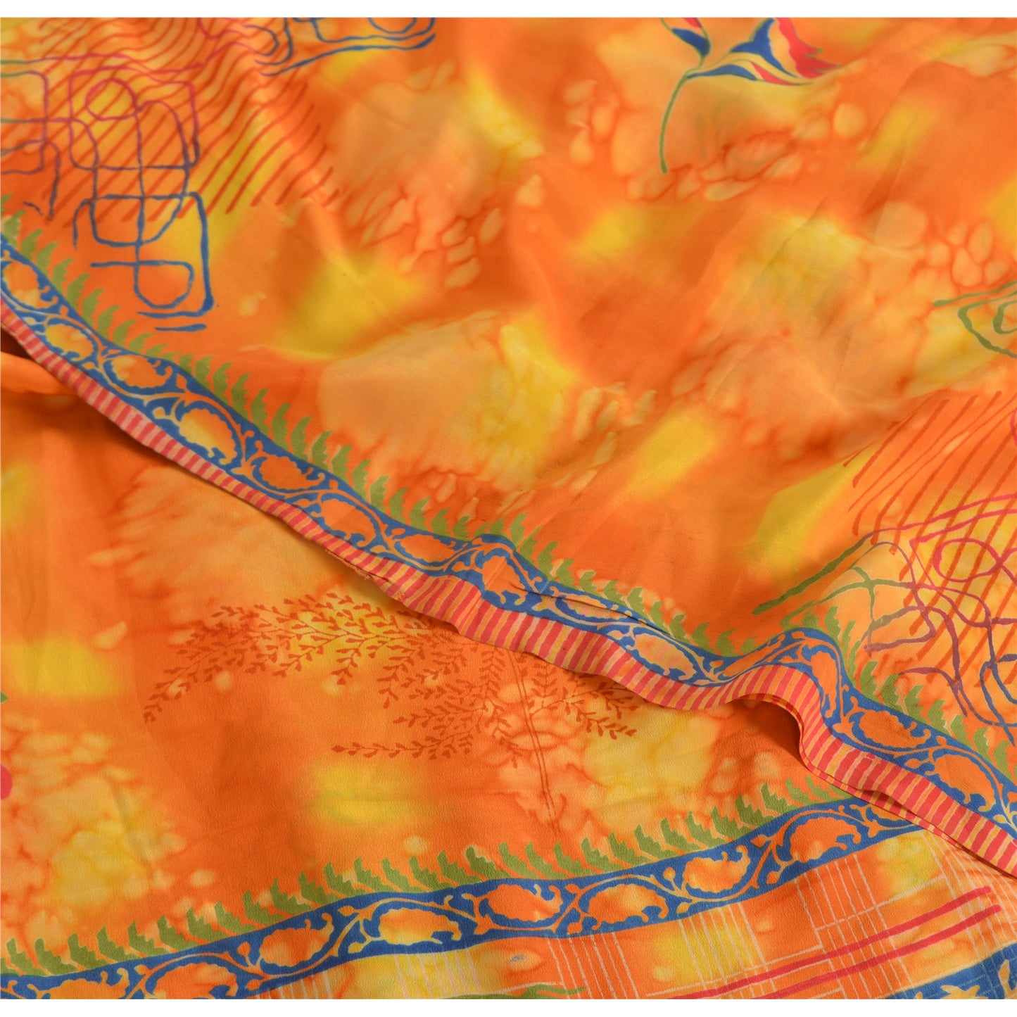 Sanskriti Vintage Sarees Orange Pure Crepe Silk Printed Sari 5yd Craft Sustainable Fabric