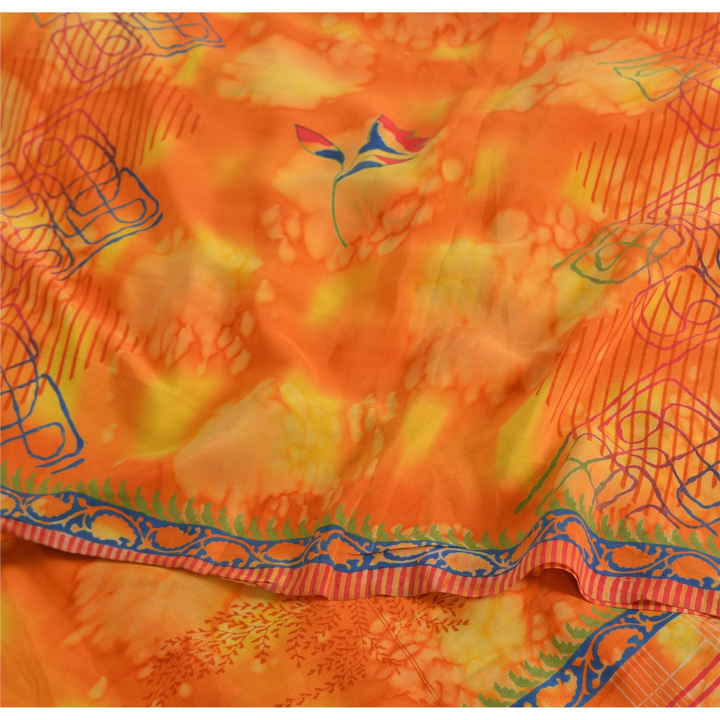 Sanskriti Vintage Sarees Orange Pure Crepe Silk Printed Sari 5yd Craft Sustainable Fabric
