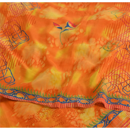 Sanskriti Vintage Sarees Orange Pure Crepe Silk Printed Sari 5yd Craft Sustainable Fabric