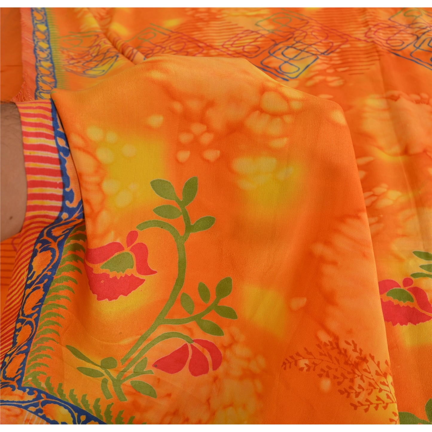 Sanskriti Vintage Sarees Orange Pure Crepe Silk Printed Sari 5yd Craft Sustainable Fabric