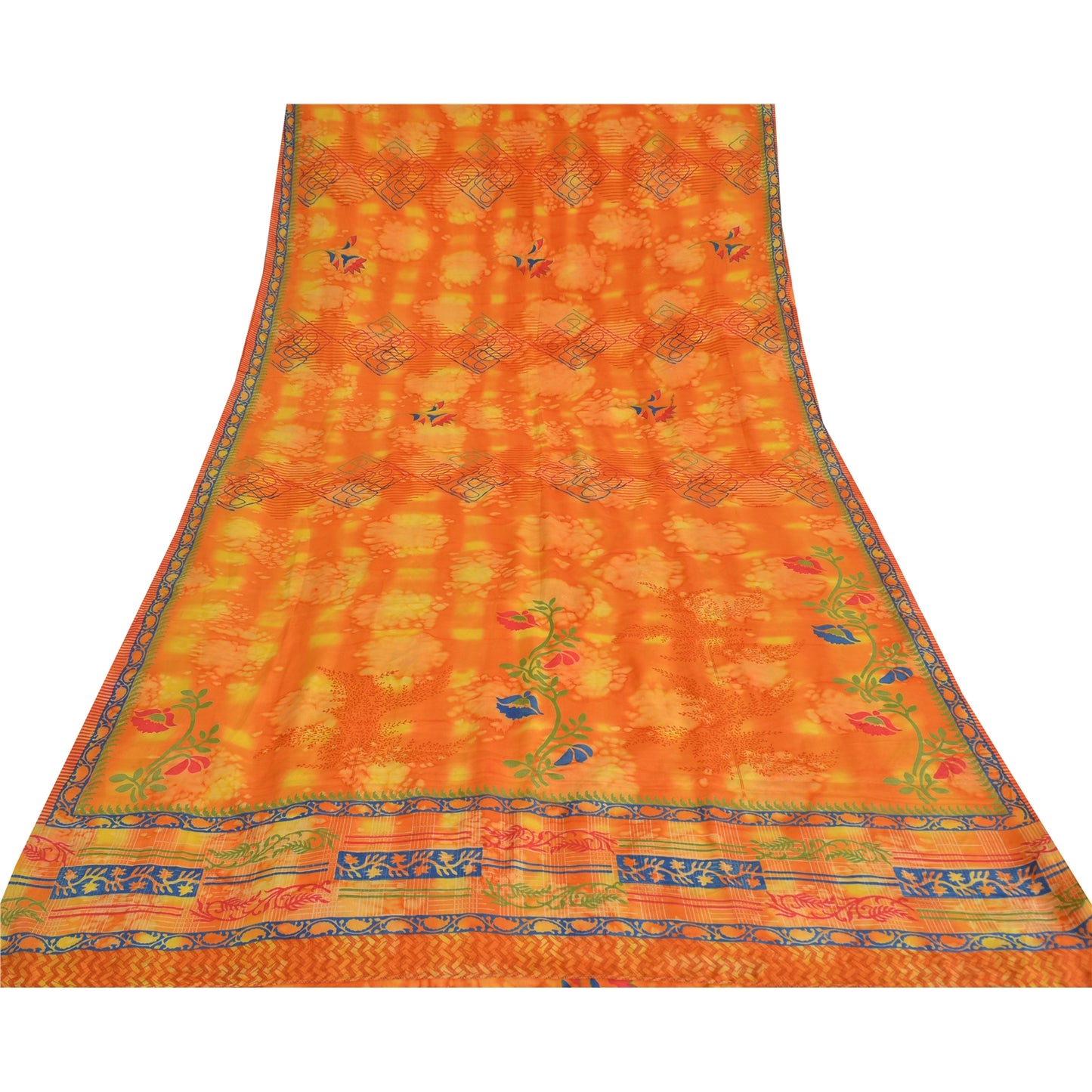 Sanskriti Vintage Sarees Orange Pure Crepe Silk Printed Sari 5yd Craft Sustainable Fabric