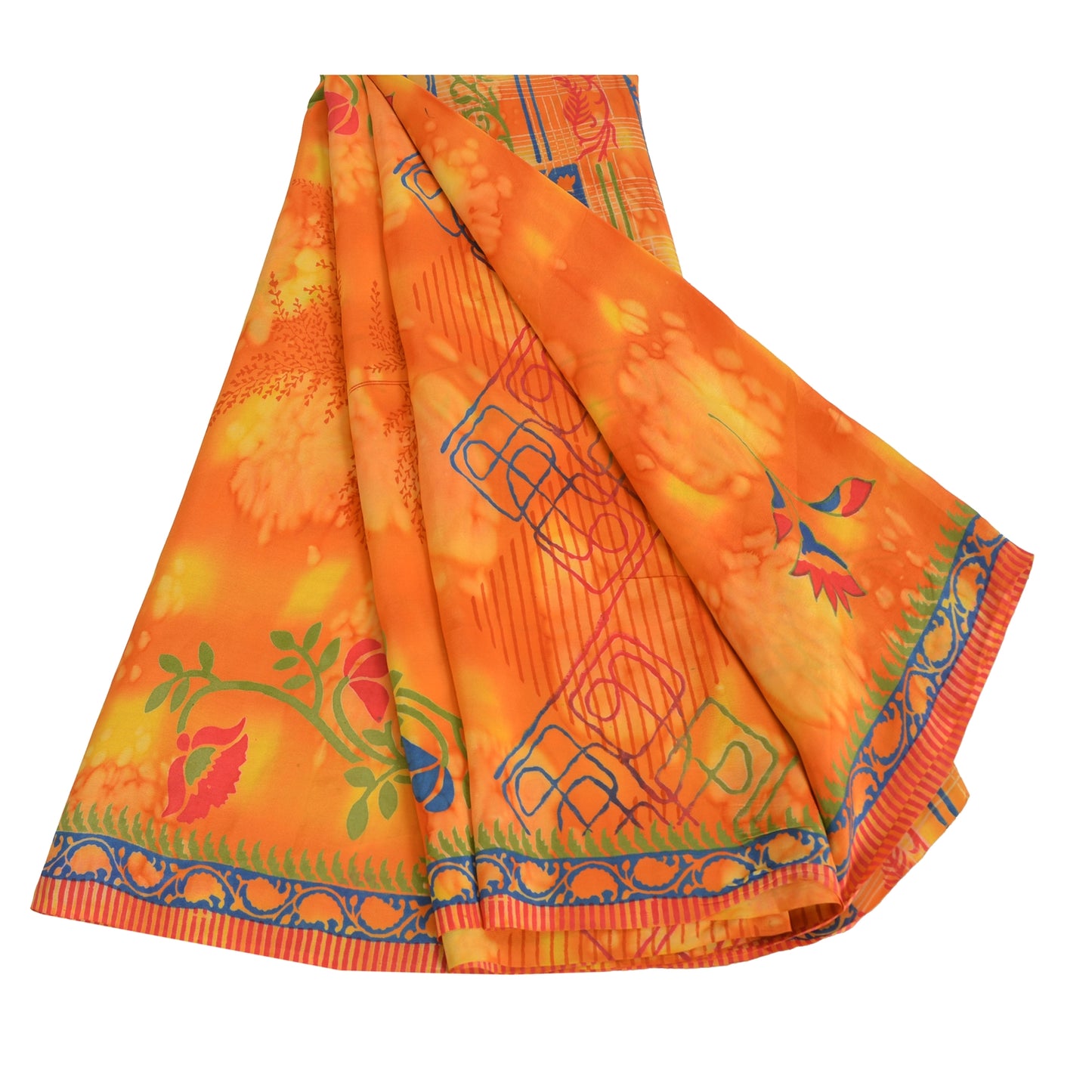Sanskriti Vintage Sarees Orange Pure Crepe Silk Printed Sari 5yd Craft Sustainable Fabric