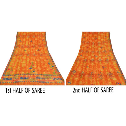 Sanskriti Vintage Sarees Orange Pure Crepe Silk Printed Sari 5yd Craft Sustainable Fabric