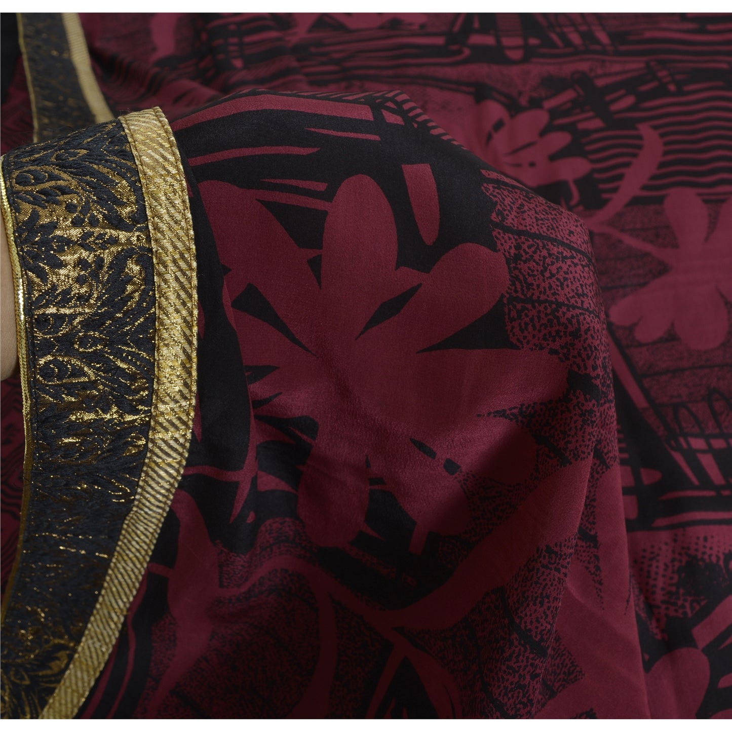 Sanskriti Vintage Sarees Purple/Black Pure Crepe Print Sari 5yd Craft Sustainable Fabric