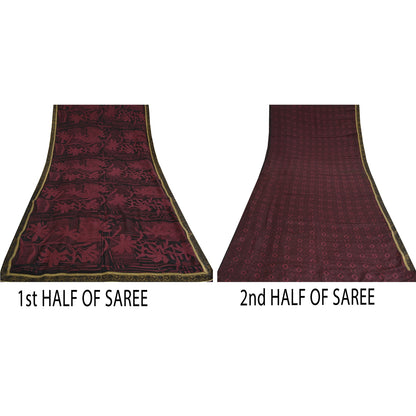 Sanskriti Vintage Sarees Purple/Black Pure Crepe Print Sari 5yd Craft Sustainable Fabric
