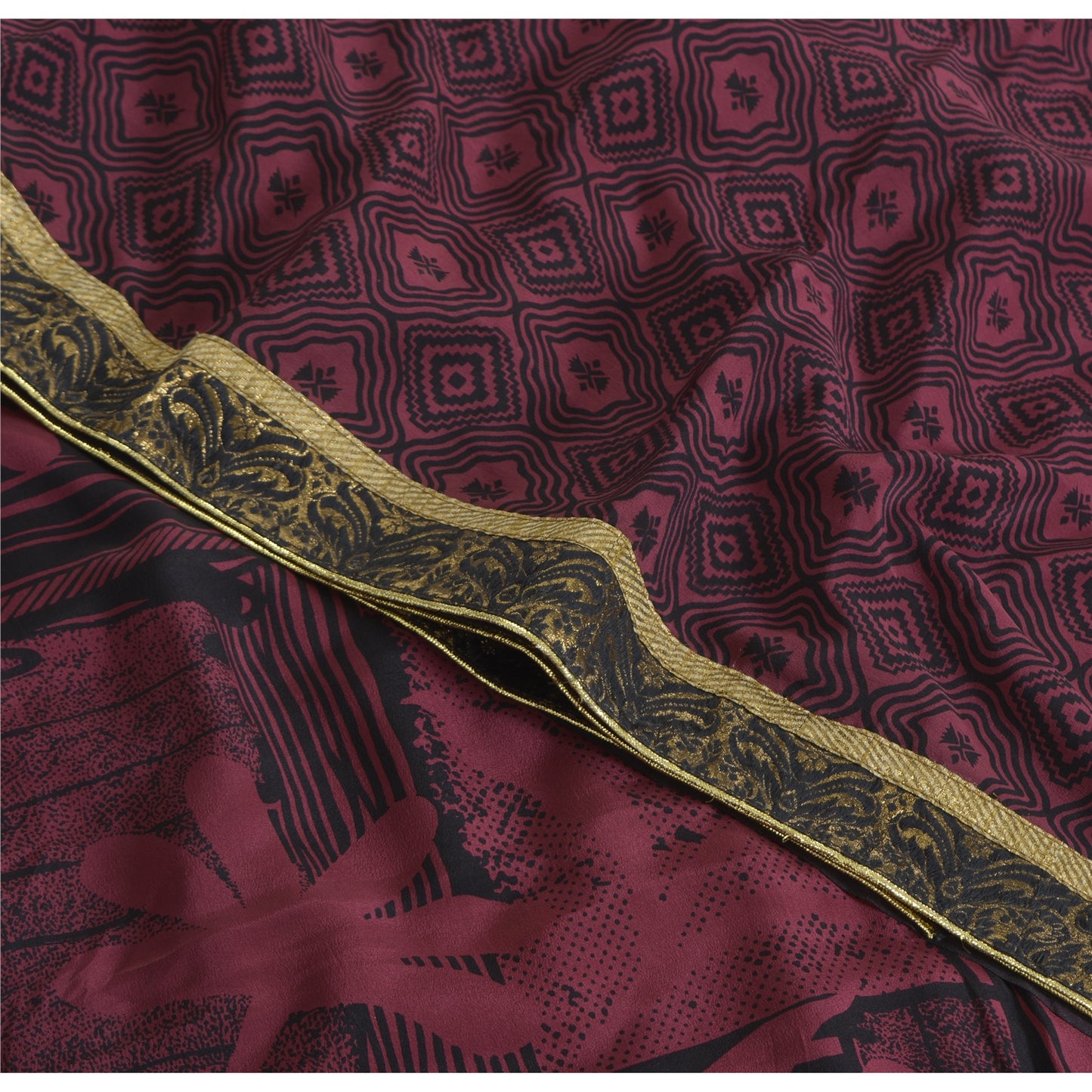 Sanskriti Vintage Sarees Purple/Black Pure Crepe Print Sari 5yd Craft Sustainable Fabric