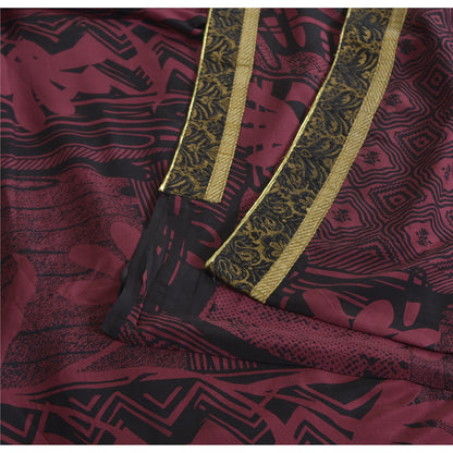 Sanskriti Vintage Sarees Purple/Black Pure Crepe Print Sari 5yd Craft Sustainable Fabric