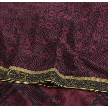 Sanskriti Vintage Sarees Purple/Black Pure Crepe Print Sari 5yd Craft Sustainable Fabric
