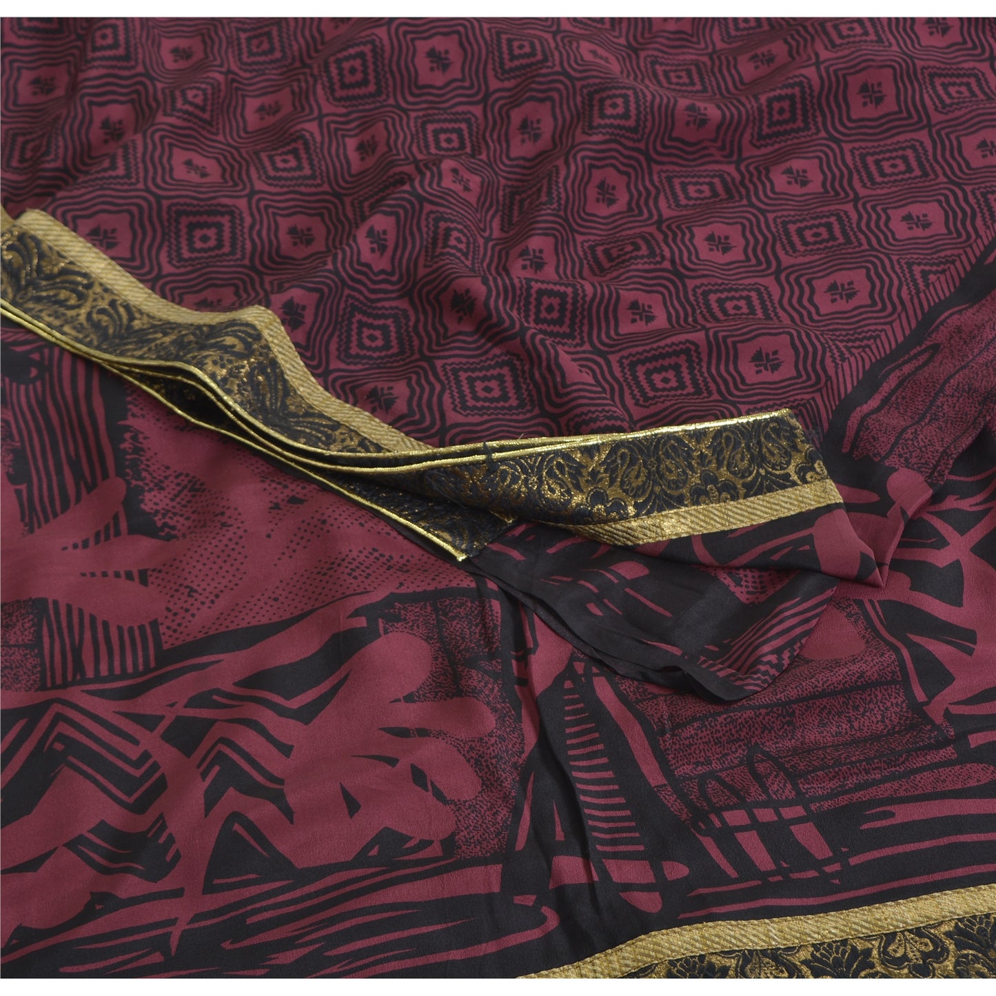 Sanskriti Vintage Sarees Purple/Black Pure Crepe Print Sari 5yd Craft Sustainable Fabric